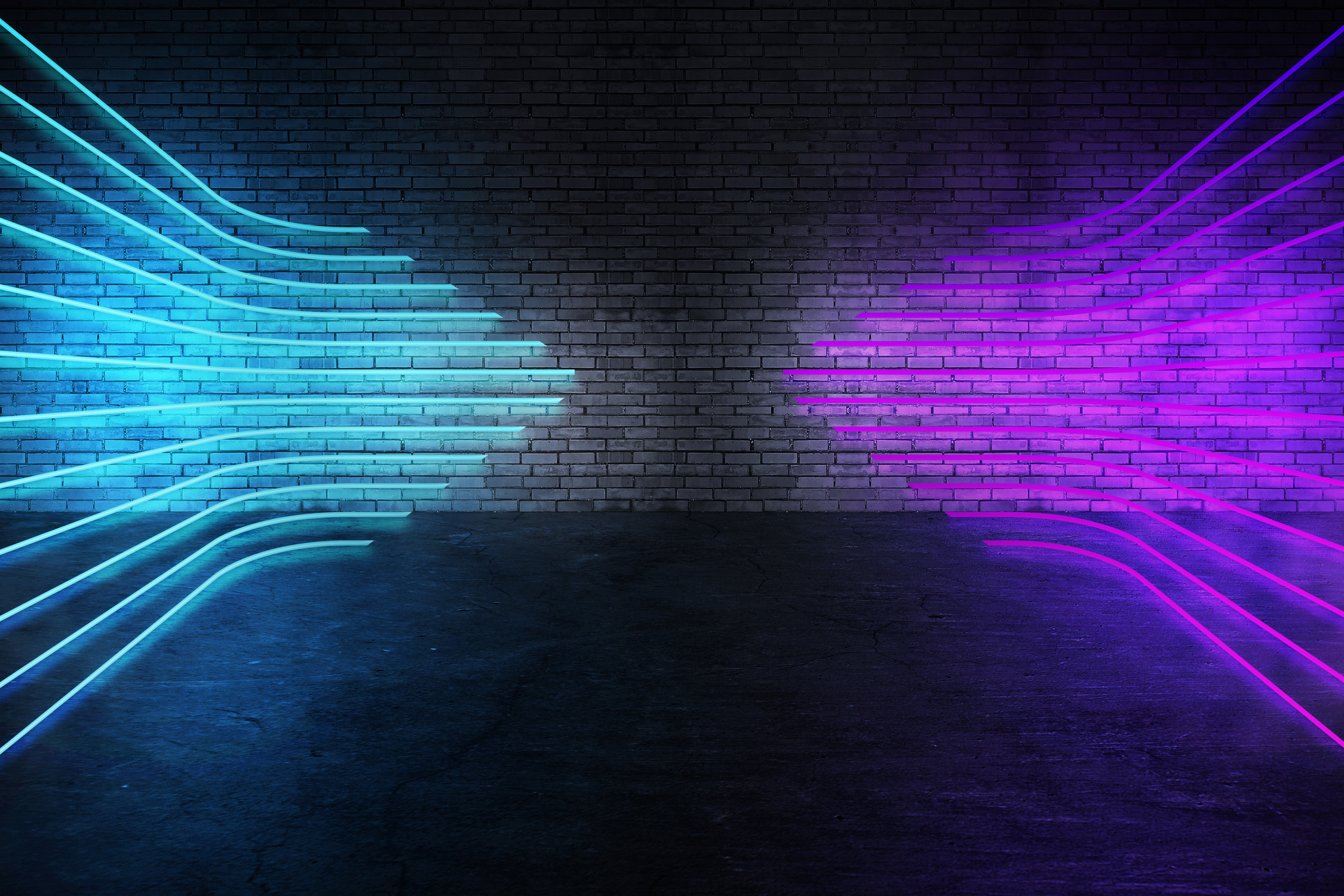 glowing purple and blue neon with concentrate floor and brick wall